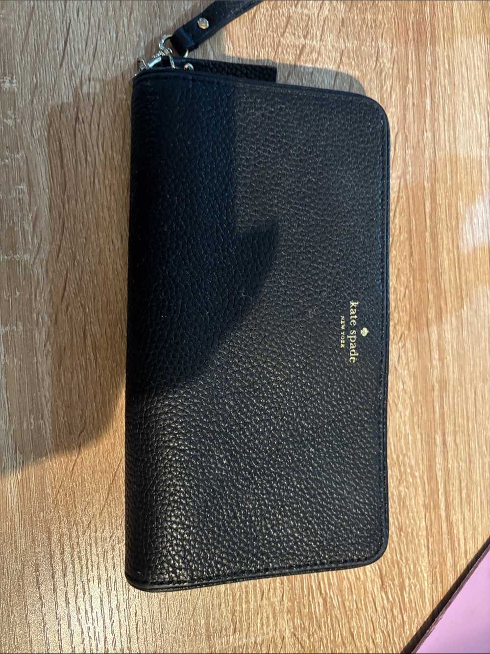 kate spade Black Pebbled Leather Zip Wristlet Wallet with Gold Logo Accent